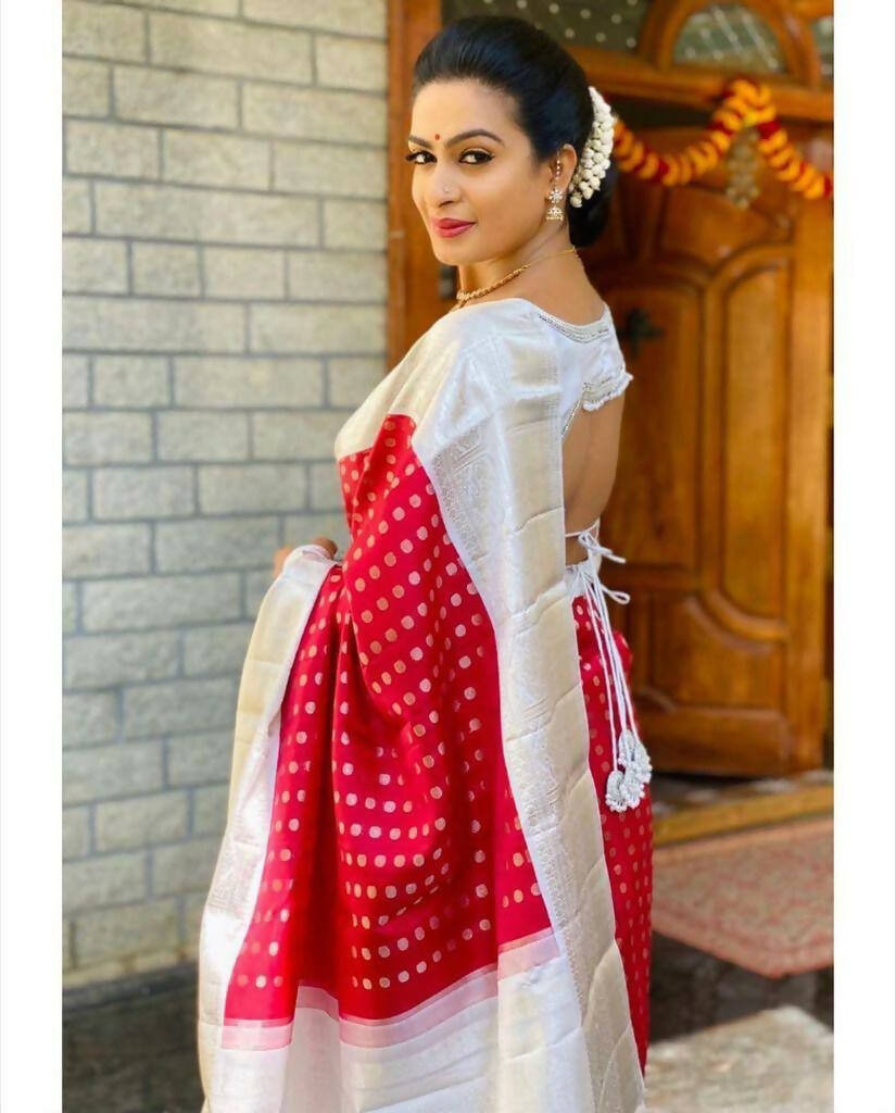 DEIANA'S Beautiful Designer Golden zari Soft Lichi Silk Saree - Red - Swadesiicart