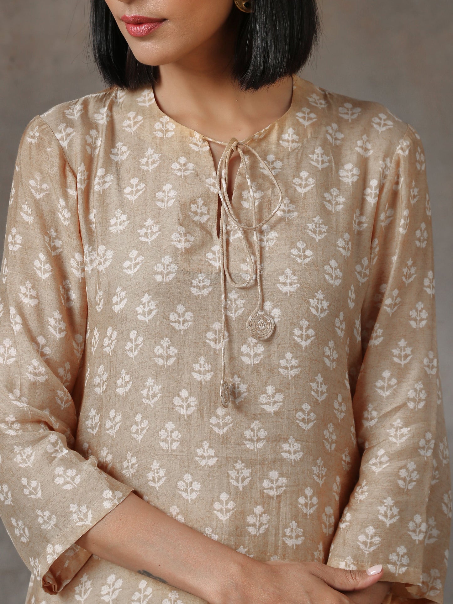 trueBrowns Beige White Printed Silk Co-Ord Set - Swadesiicart