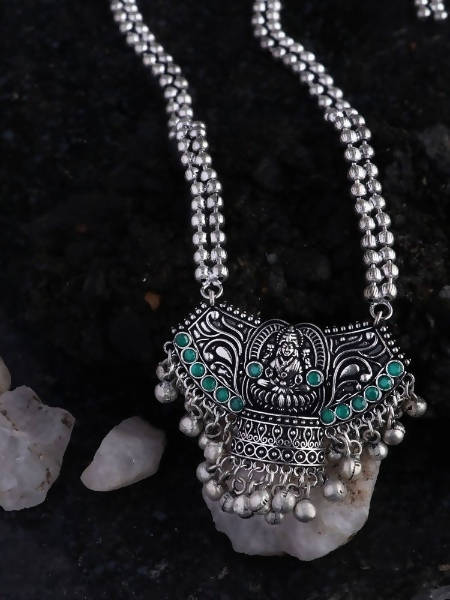 Mominos Fashion Johar Kamal Oxidised Laxmi Mata With Green Stones Long Necklace | Swadesiicart
