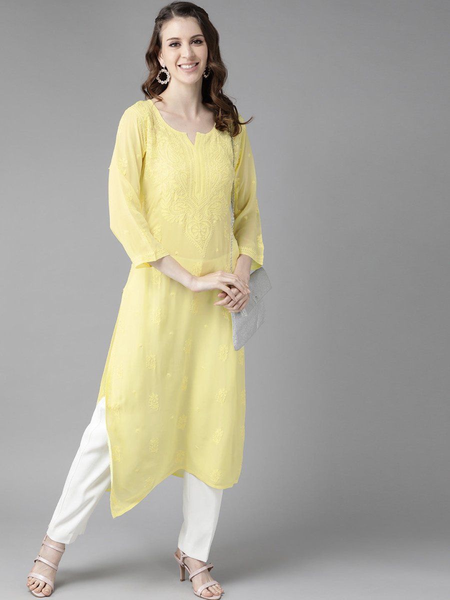ADA Women Yellow Ethnic Motifs Embroidered Chikankari Georgette Handloom Kurta | Swadesiicart