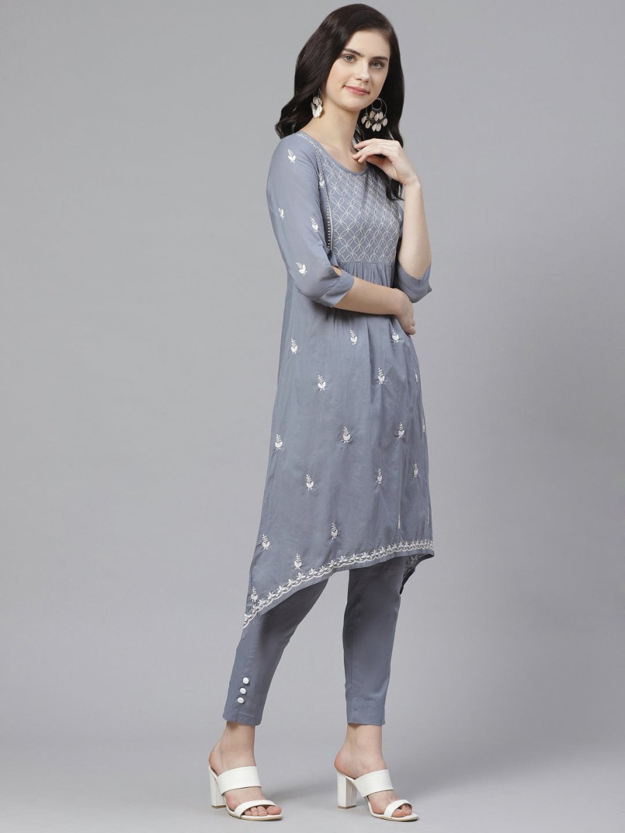 ADA Women Grey & White Chikankari Embroidered Sustainable Handloom Kurta with Trousers | Swadesiicart