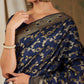 Sangria Navy Blue & Gold-Toned Floral Woven Design Zari Silk Blend Banarasi Saree | Swadesiicart