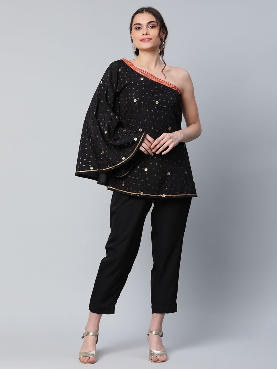 Ahalyaa Women Black Crepe Printed Top with Trouser Set | Swadesiicart