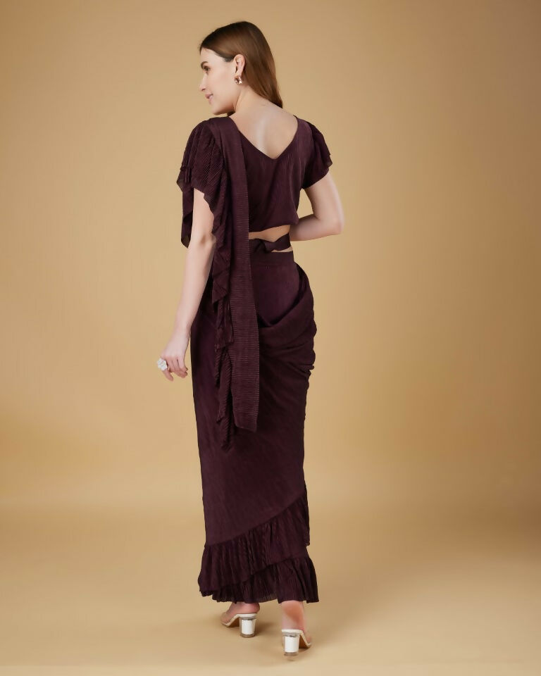 Wine Imported Crush Solid Ready to Wear Saree with stitched Blouse - Aayan | Swadesiicart