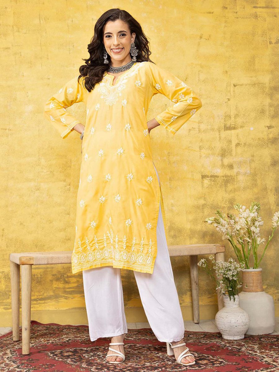 ADA Women Yellow & White Chikankari Embroidered Straight Sustainable Handloom Kurta | Swadesiicart