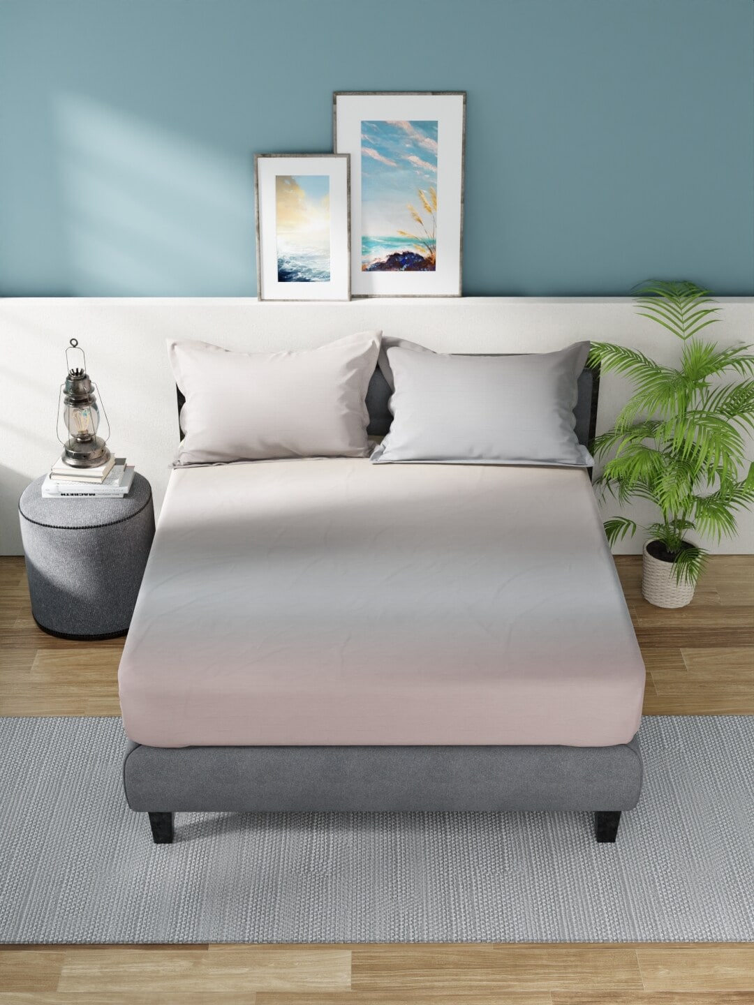 Nautica Grey & Pink 160 TC King Bedsheet With 2 Pillow Covers - Swadesiicart