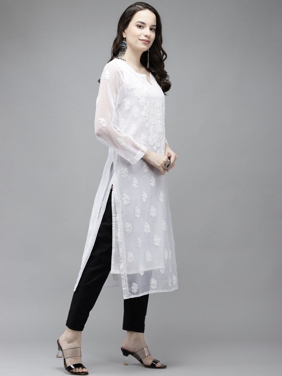 ADA Women White Ethnic Motifs Regular Chikankari Handloom Kurta with Palazzos | Swadesiicart
