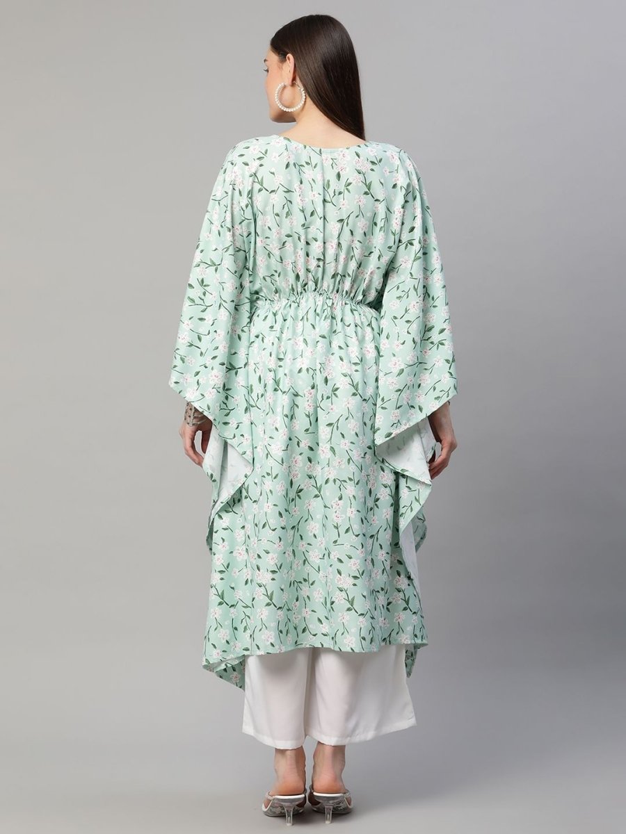 Ahalyaa Women Light Green Rayon Printed Flared Sleeve Kaftan Kurta | Swadesiicart