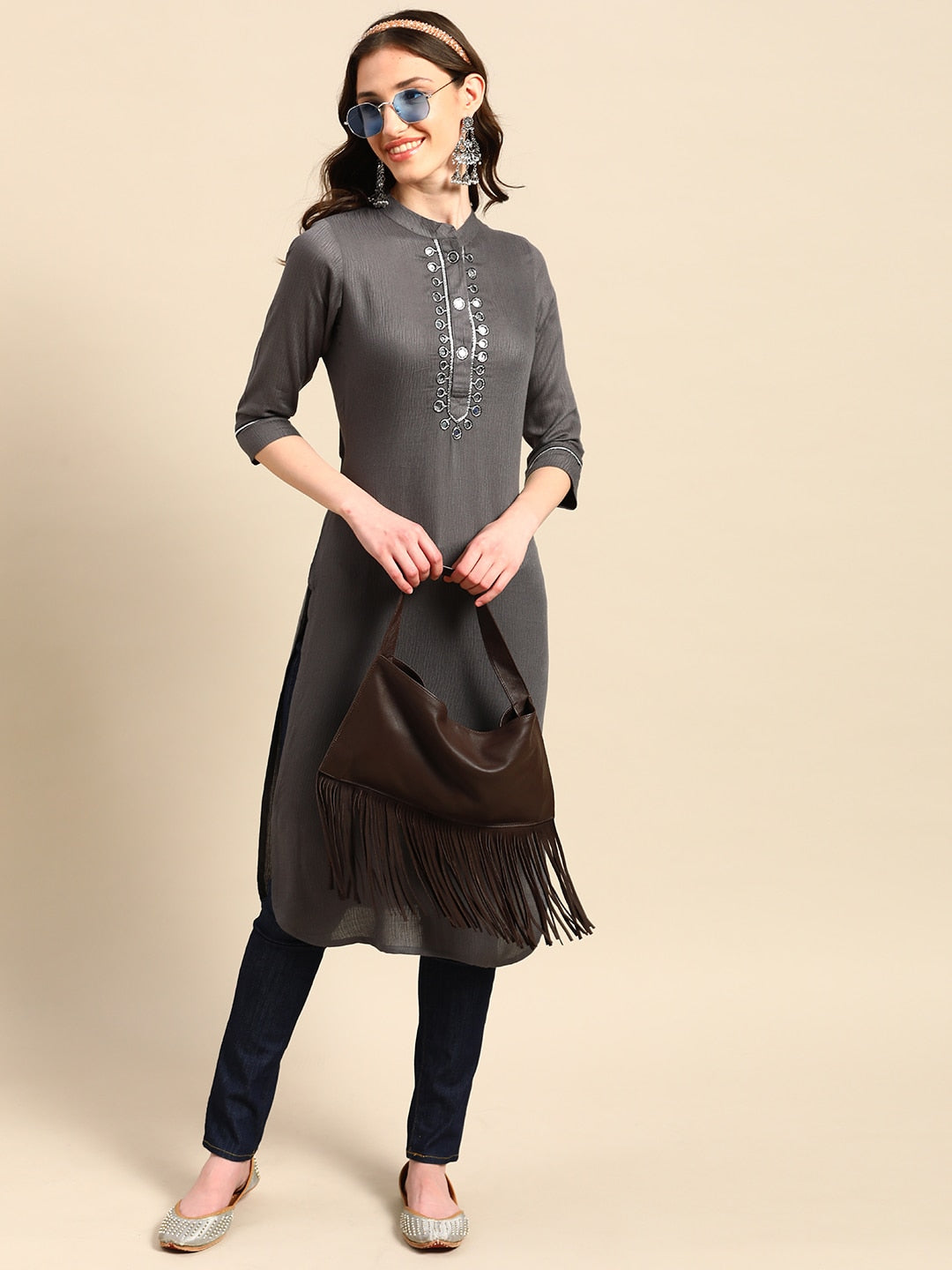 Sangria Yoke Design Mirror Work Kurta - Swadesiicart