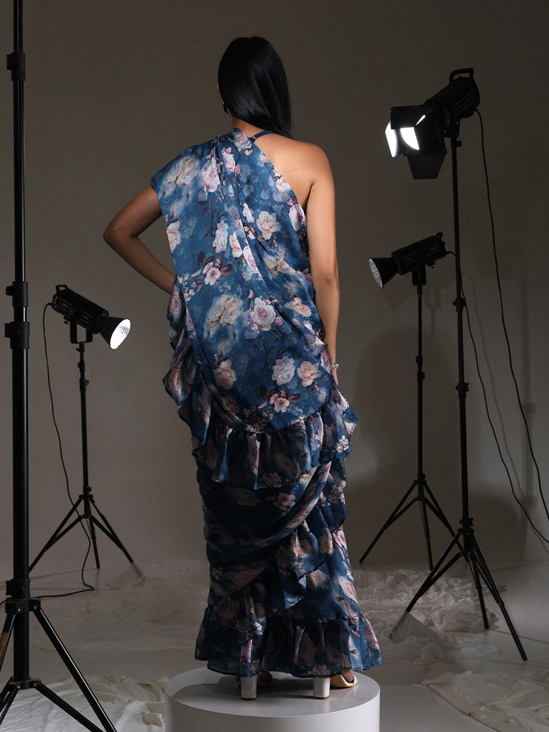 Tikhi Imli Blue Floral Printed Satin Ruffles Saree | Swadesiicart