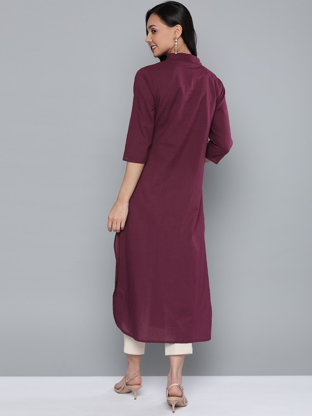 HERE&NOW Women Burgundy Cotton Solid Pathani Kurta - Swadesiicart