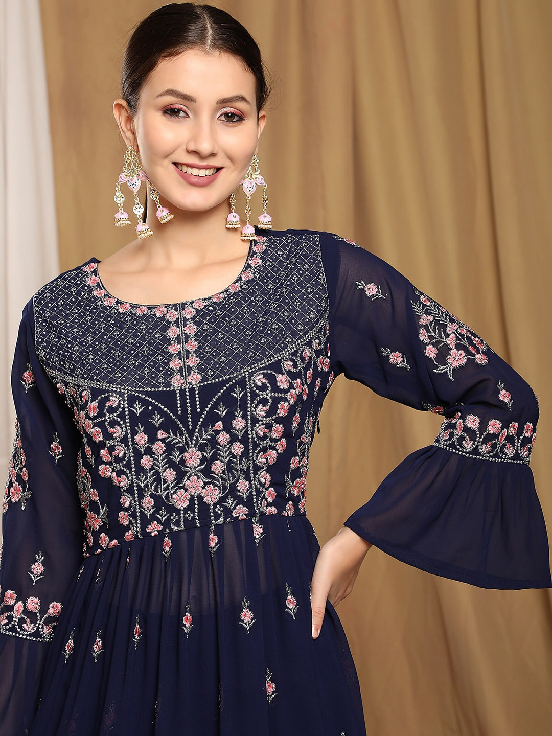 Kalini Women Navy Blue Floral Embroidered Thread Work Kurta with Sharara | Swadesiicart