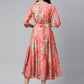 Souchii Women Pink & Green Floral Layered A-Line Midi Dress - Swadesiicart
