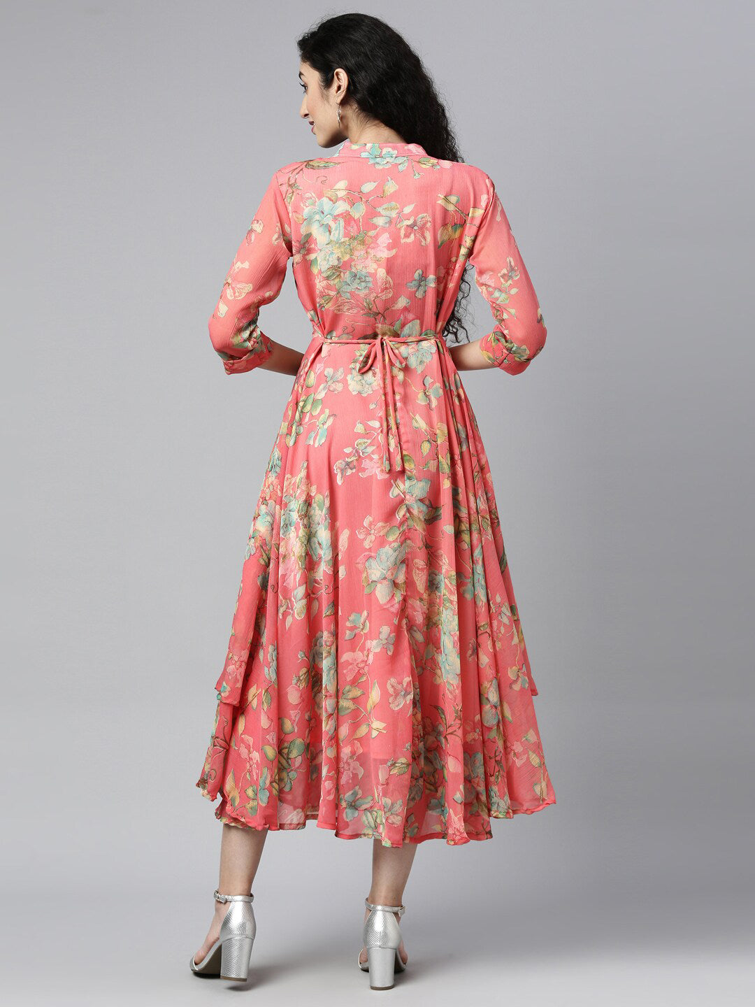 Souchii Women Pink & Green Floral Layered A-Line Midi Dress - Swadesiicart