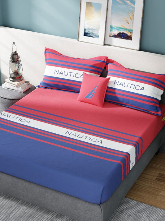 Nautica Bradford Red & Blue Striped 160 TC Pure Cotton King Bedsheet & 2 Pillow Covers - Swadesiicart