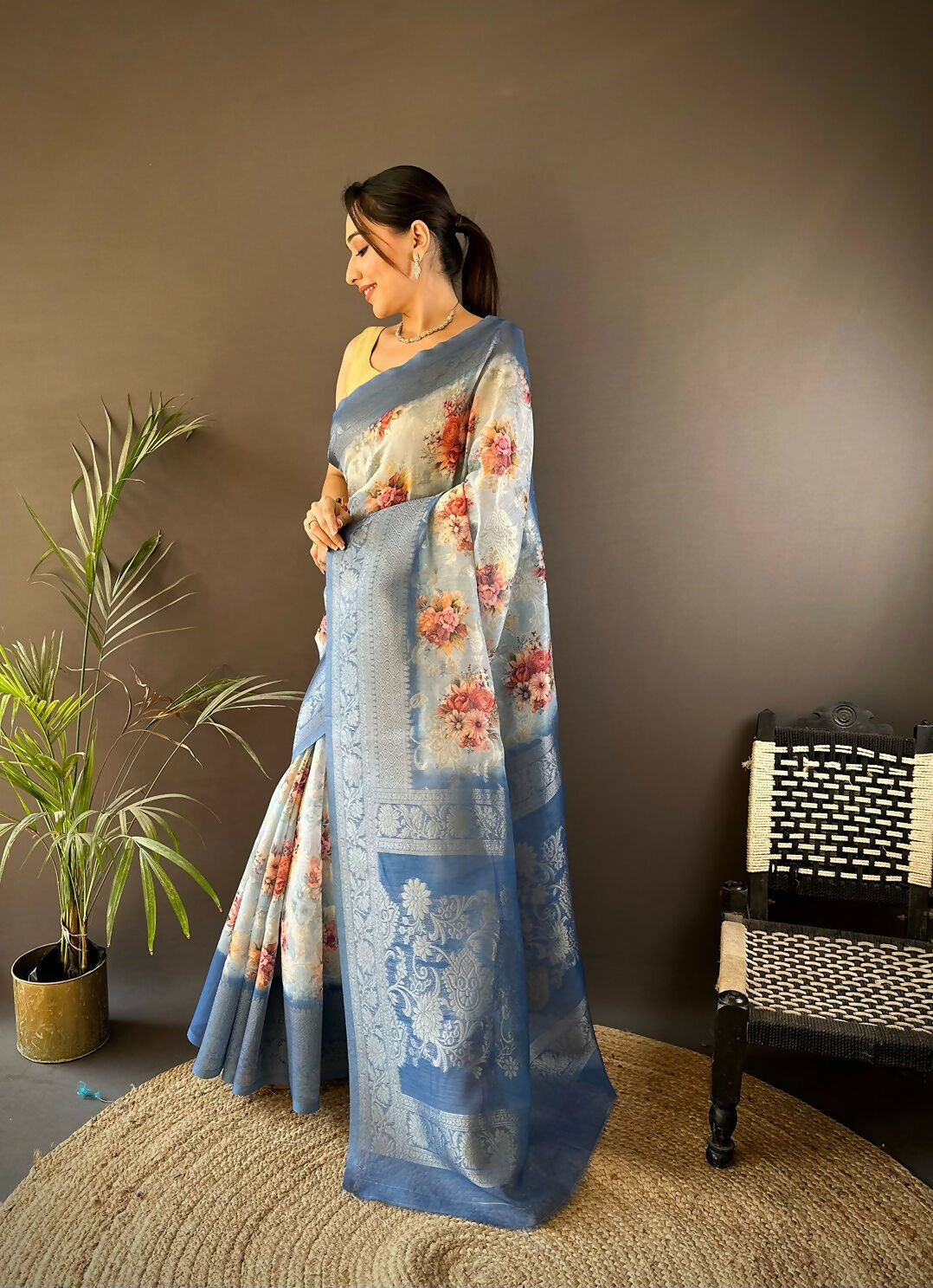 Joban Fashion Sky Blue Floral Motifs Banarasi Silk Sarees | Swadesiicart