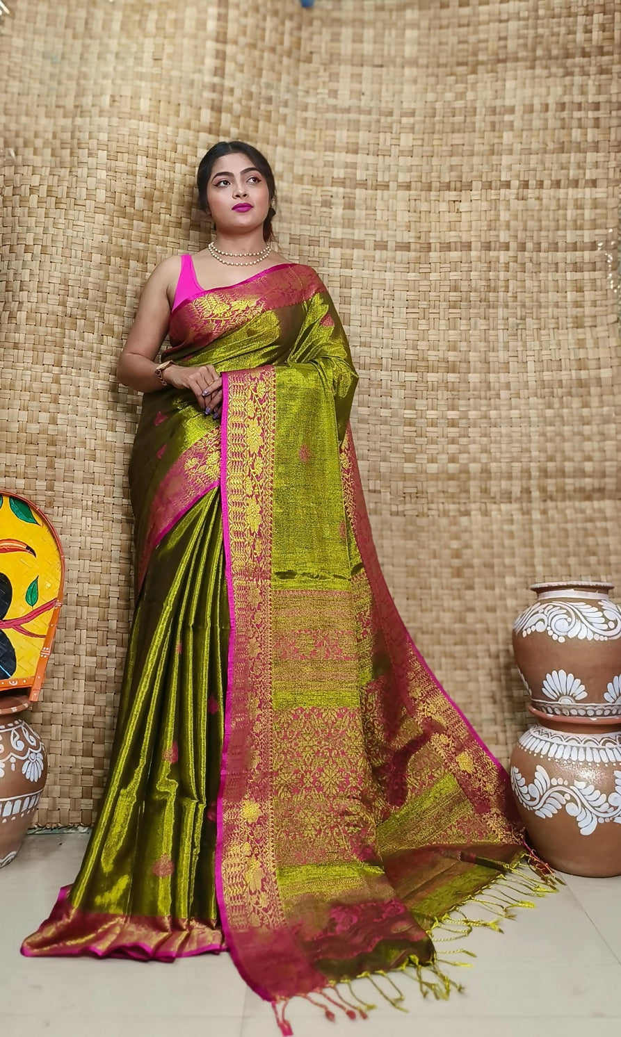 Exclusive Collection Golden Olive Beautiful Tissue Benarasi Saree - Swadesiicart