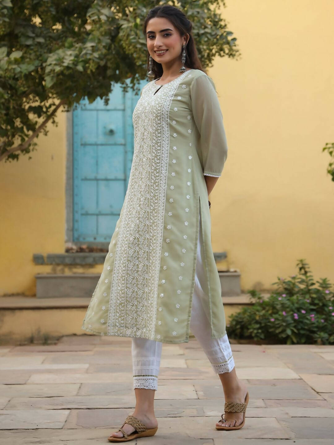 Juniper Women's Ltgreen Georgette Printed Kurta | Swadesiicart