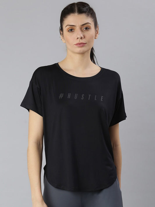 MKH Women Black Typography Printed Dri-FIT Sports T-shirt - Swadesiicart