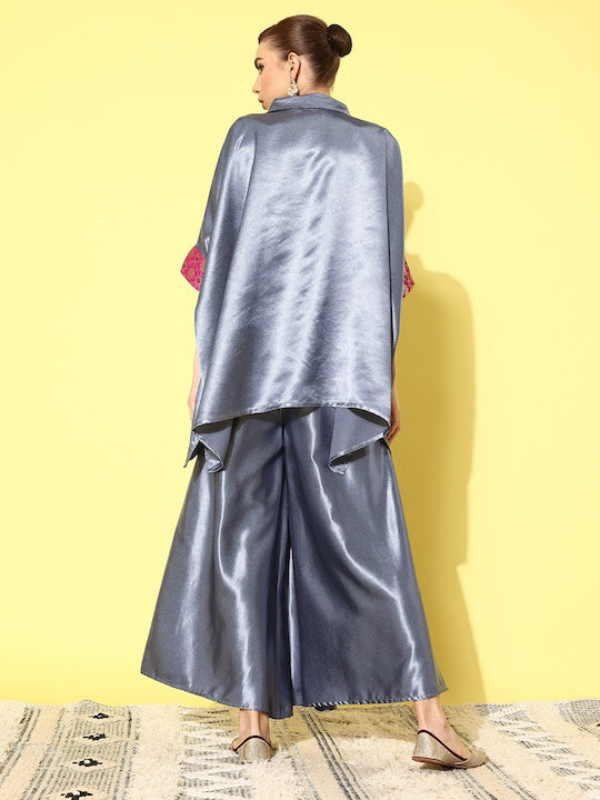 InWeave Women's Grey Pink Brocade Satin Boho Kurta Palazzo Set - Swadesiicart