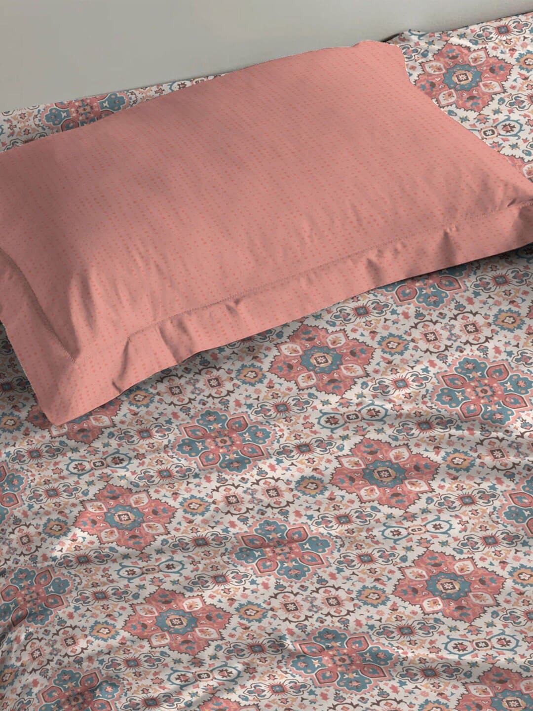 MYTRIDENT Dusk and Dawn Pink Ethnic Motifs Cotton 144 TC Single Bedsheet with 1 Pillow Cover - Swadesiicart