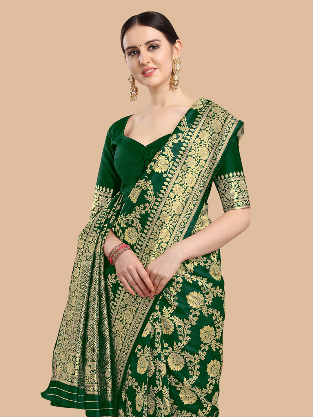 Kalini Green & Gold-Toned Woven Design Silk Blend Banarasi Saree | Swadesiicart