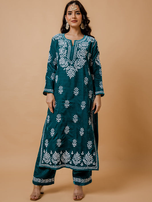 HOUSE OF KARI Ethnic Motifs Embroidered Chikankari Velvet Kurta With Trousers | Swadesiicart