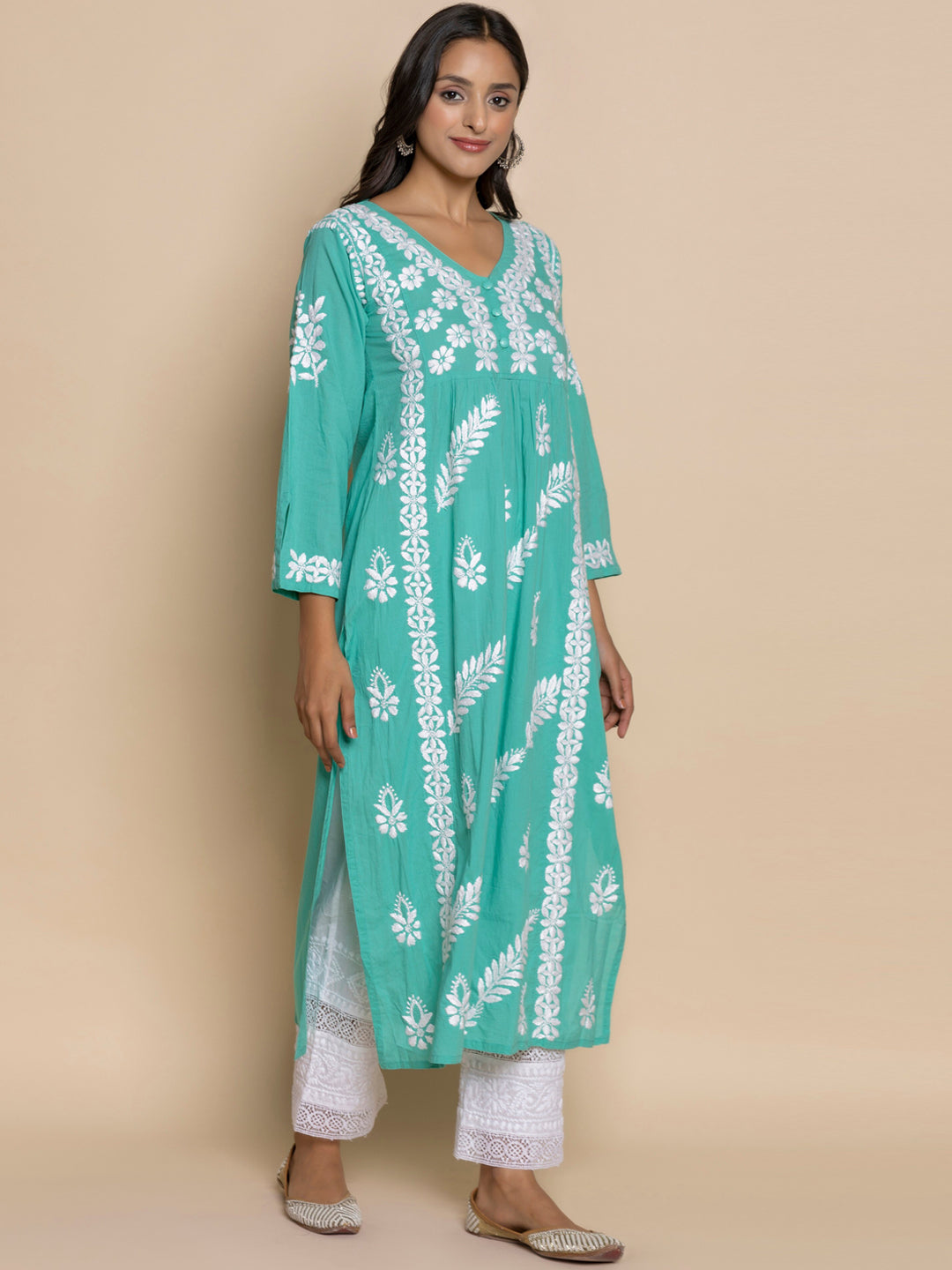 HOUSE OF KARI Floral Embroidered Chikankari Cotton A-Line Kurta | Swadesiicart