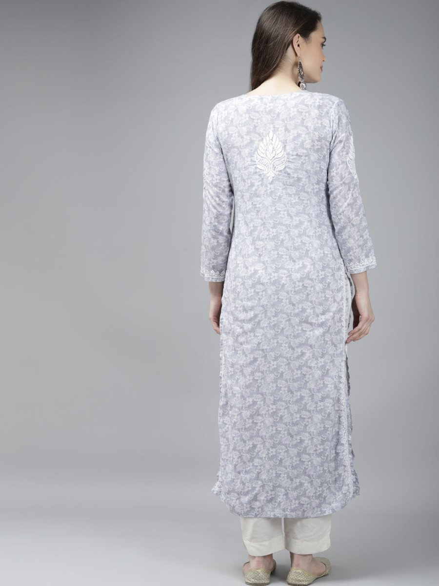 ADA Women Grey & White Floral Chikankari Cotton Handloom Kurta | Swadesiicart
