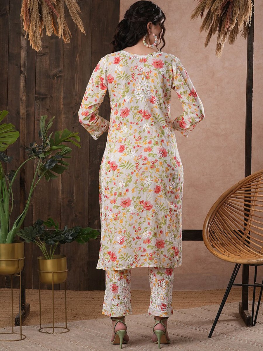 ADA Floral Printed Round Neck Regular Lucknowi Chikankari Kurta with Trousers | Swadesiicart