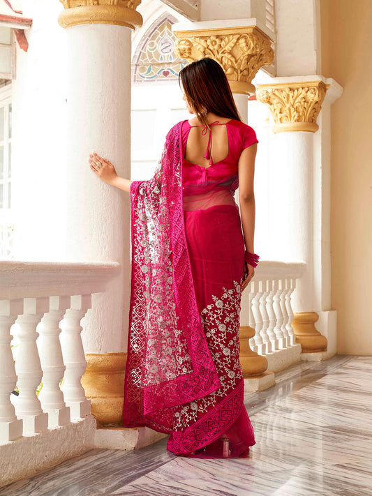 Tikhi Imli Embellished Beads and Stones Net Heavy Work Saree | Swadesiicart