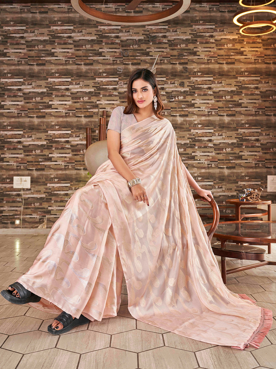 Tikhi Imli Woven Design Satin Jacquard Ready to Wear Saree | Swadesiicart