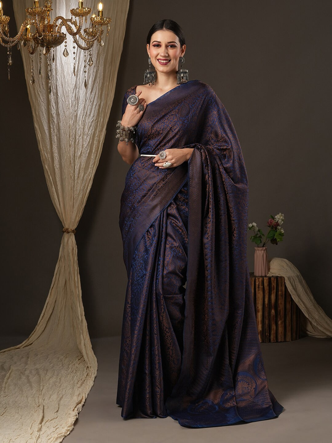 Saree Mall Navy Blue & Gold-Toned Woven Design Zari Silk Blend Banarasi Sarees | Swadesiicart