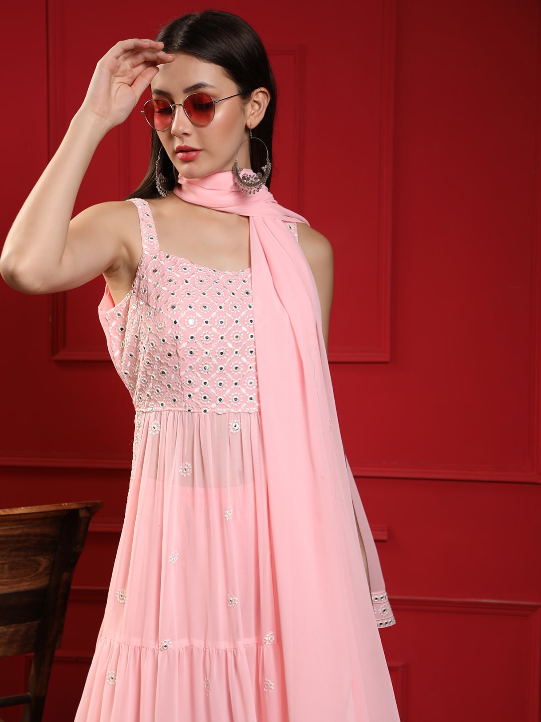 Kalini Women Pink Floral Embroidered Pleated Mirror Work Kurta with Sharara & With Dupatta | Swadesiicart