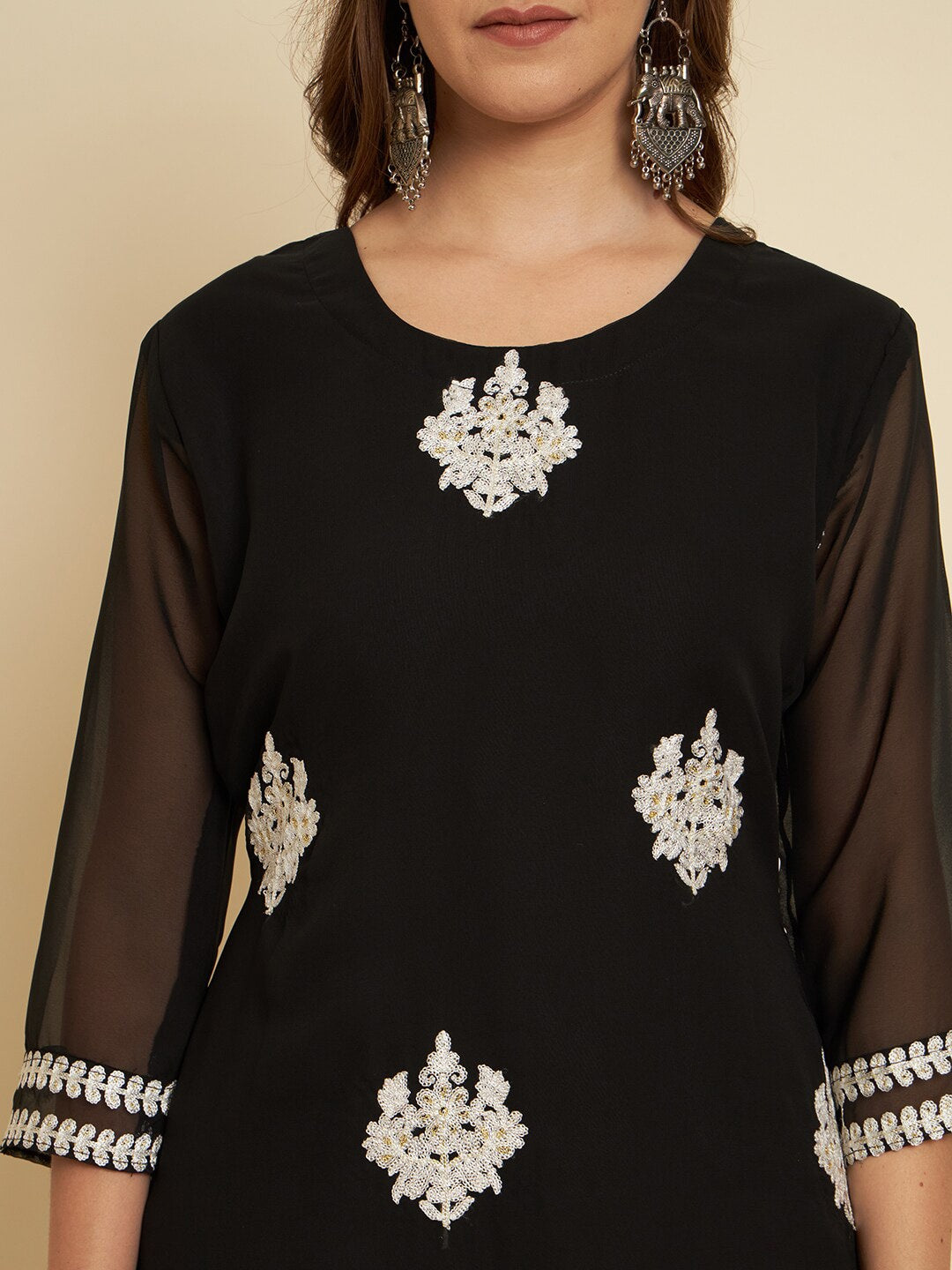 HERE&NOW Black & White Ethnic Motifs Chikankari Embroidered Georgette Kurta | Swadesiicart