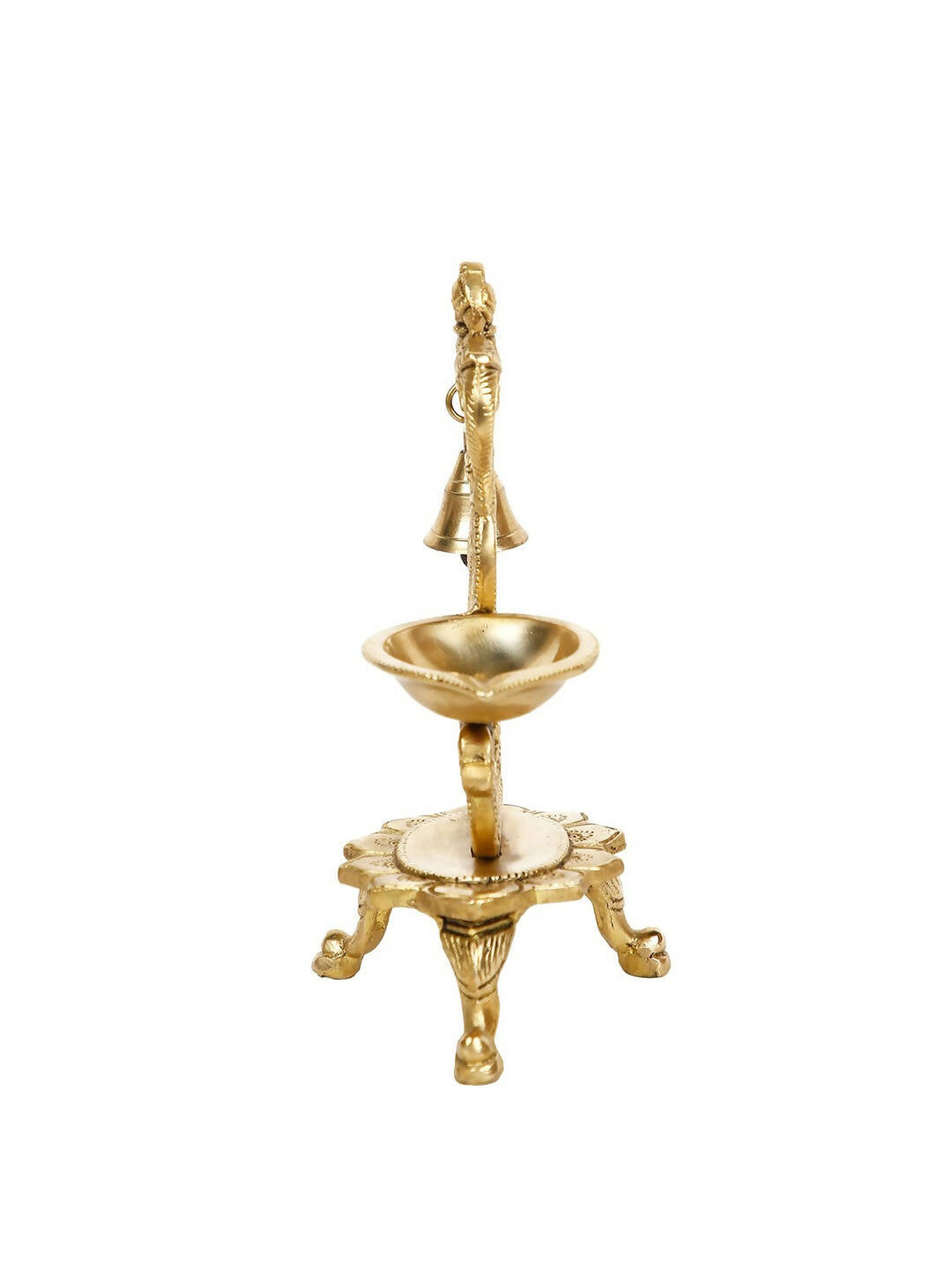 CraftVatika Gold-Toned Brass Handmade Decorative Peacock Design Diya with Bell & Stand | Swadesiicart