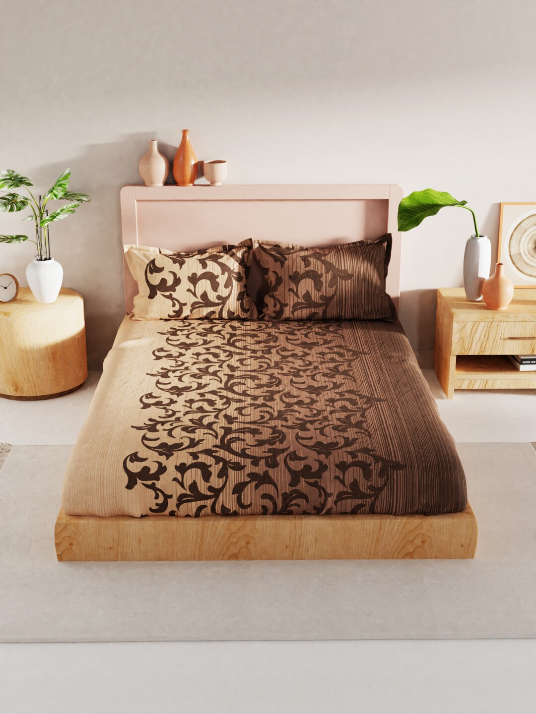 BIANCA Brown Floral 200 TC King Bedsheet with 2 Pillow Covers - Swadesiicart