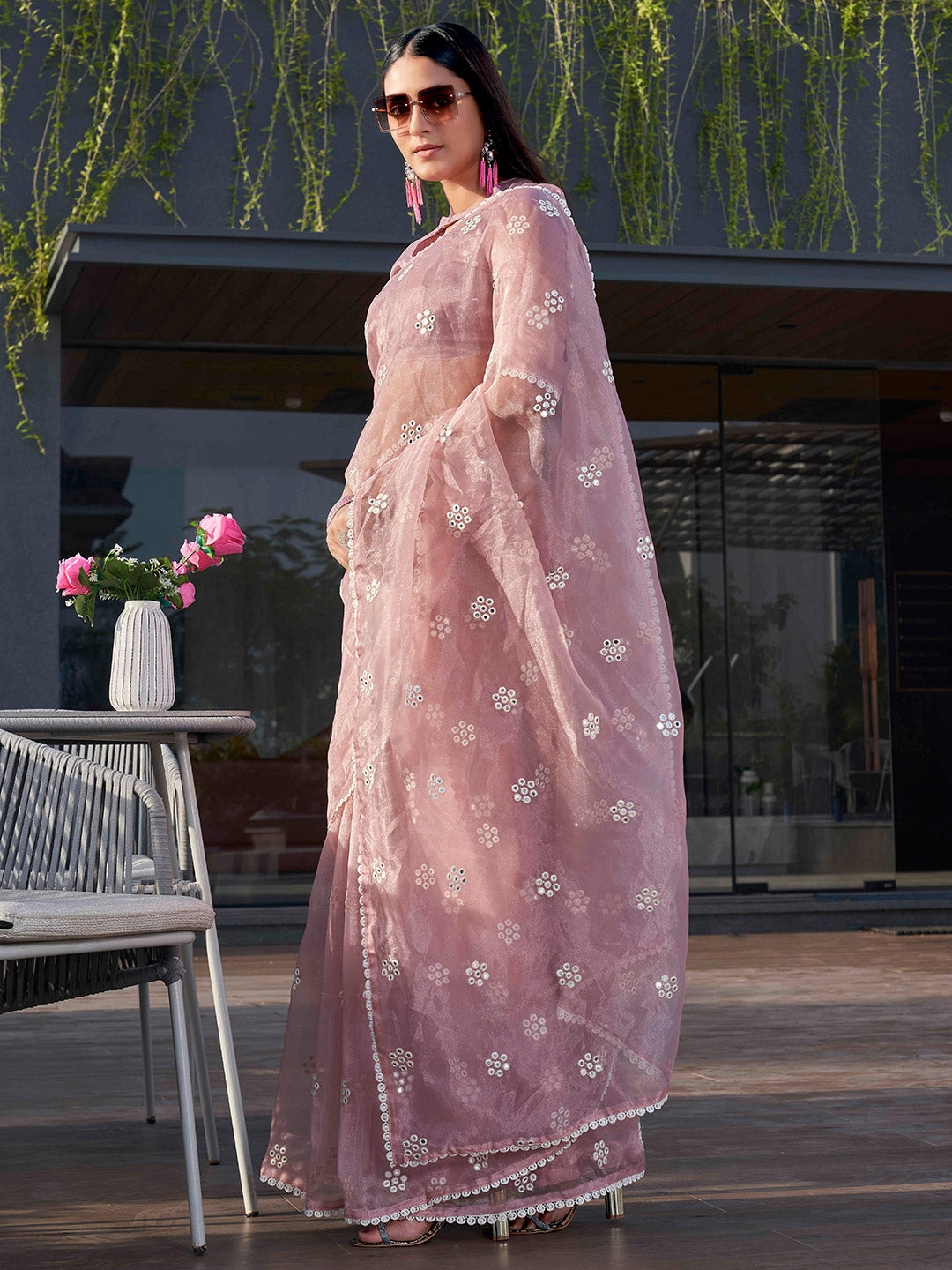 Tikhi Imli Pink Floral Embroidered Mirror Work Organza Saree | Swadesiicart