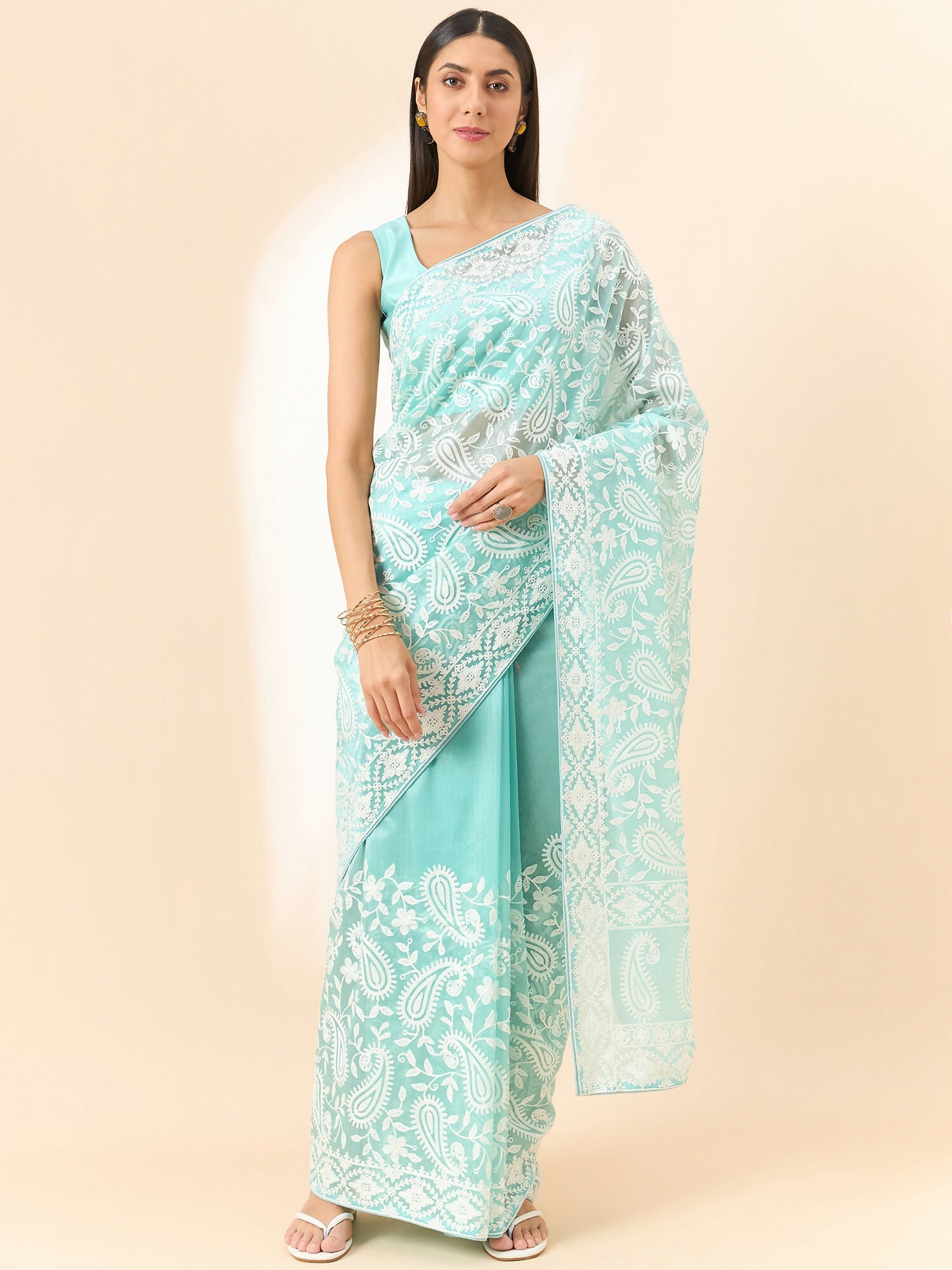 Blue Organza Paisely Embroidered Saree with Unstitched Blouse Piece - Roozal