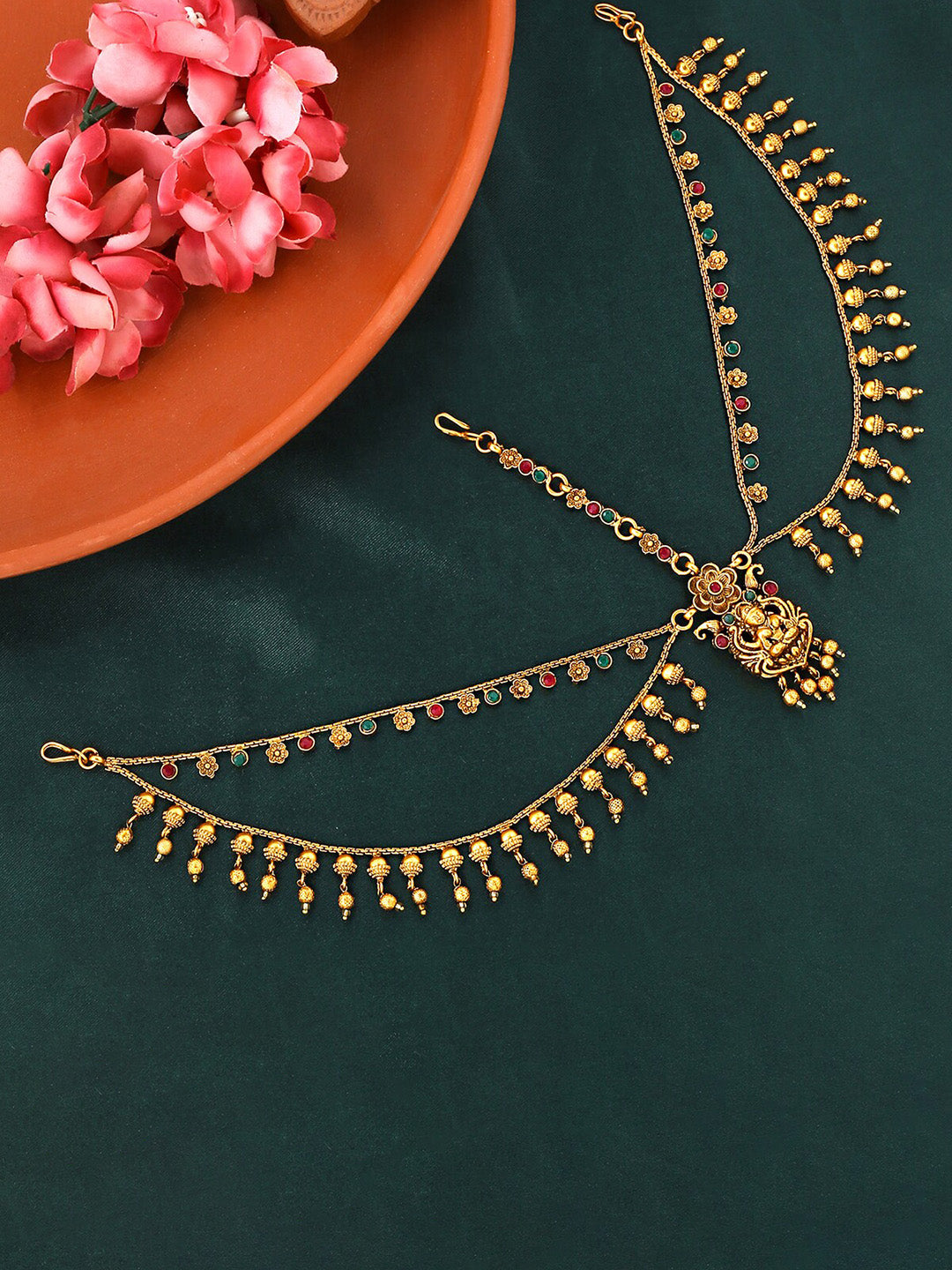 Yellow Chimes Gold-Polished Red & Green Stone-Studded Layered Bridal Traditional Mathapatti | Swadesiicart