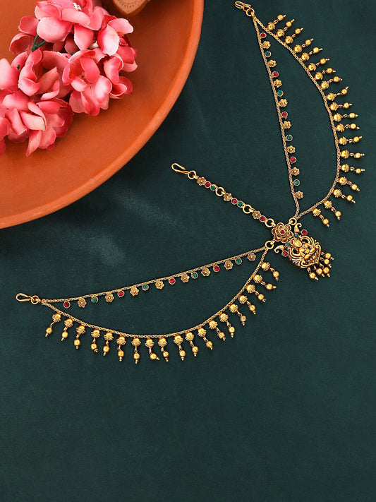 Yellow Chimes Gold-Polished Red & Green Stone-Studded Layered Bridal Traditional Mathapatti | Swadesiicart