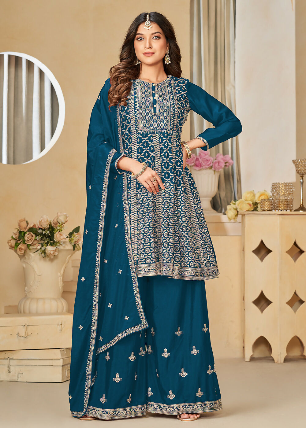 Chinnon Peacock Blue Embroidered Palazzo Salwar Suit - Emponline | Swadesiicart