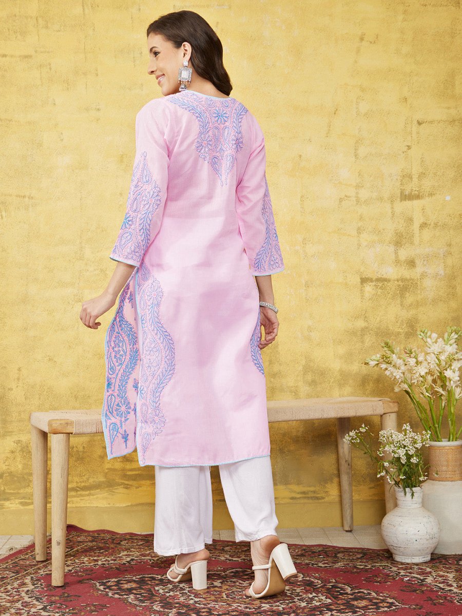 ADA Women Pink & Blue Chikankari Hand Embroidered Semi-Sheer Straight Sustainable Handloom Kurta | Swadesiicart