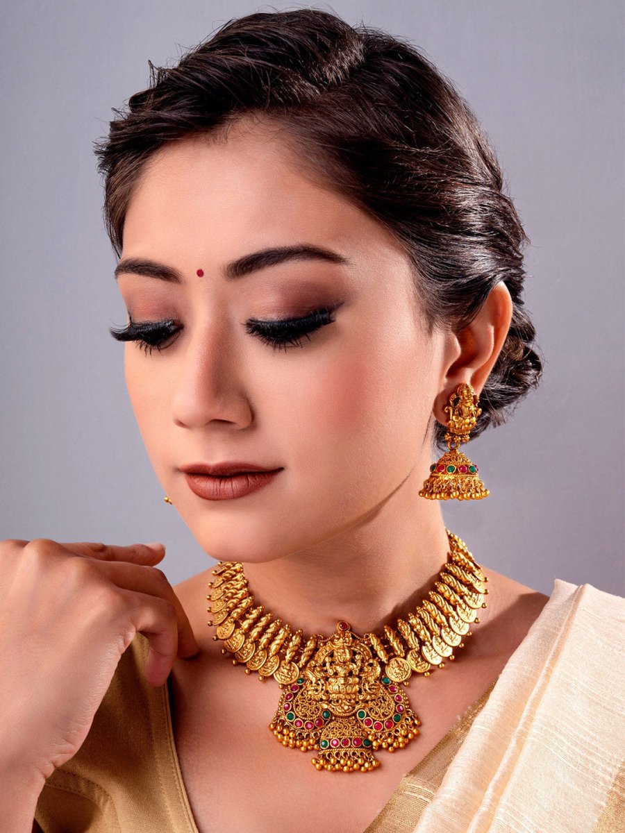 Aadita Gold-Toned Stone-Studded Temple Jewelry Set - Swadesiicart
