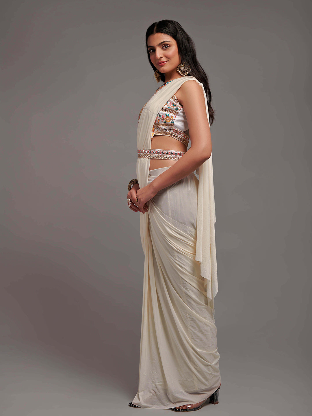 Kalini Embroidered Ready to Wear Saree With Semi Stitched Blouse | Swadesiicart