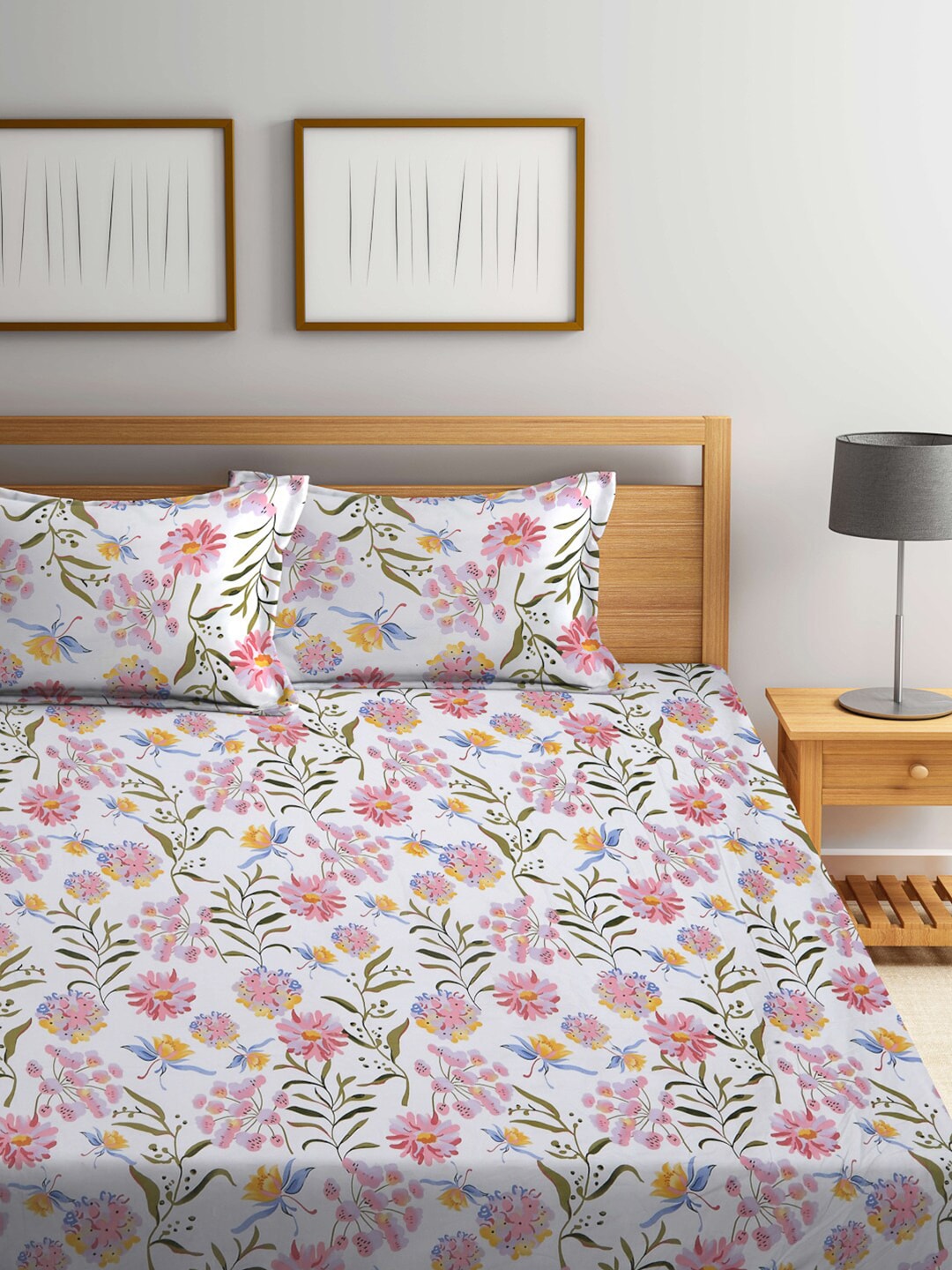 KLOTTHE Floral 300 TC Fitted Super King Bedsheet with 2 Pillow Covers - Swadesiicart