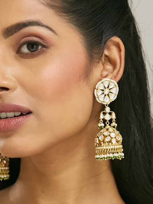 Nuyug 22K Gold-Plated Kundan Stone Studded & Pearl Beaded Dome Shaped Jhumkas | Swadesiicart
