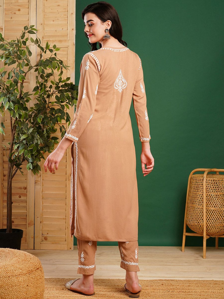 ADA Ethnic Motifs Embroidered Chikankari Kurta with Trousers | Swadesiicart