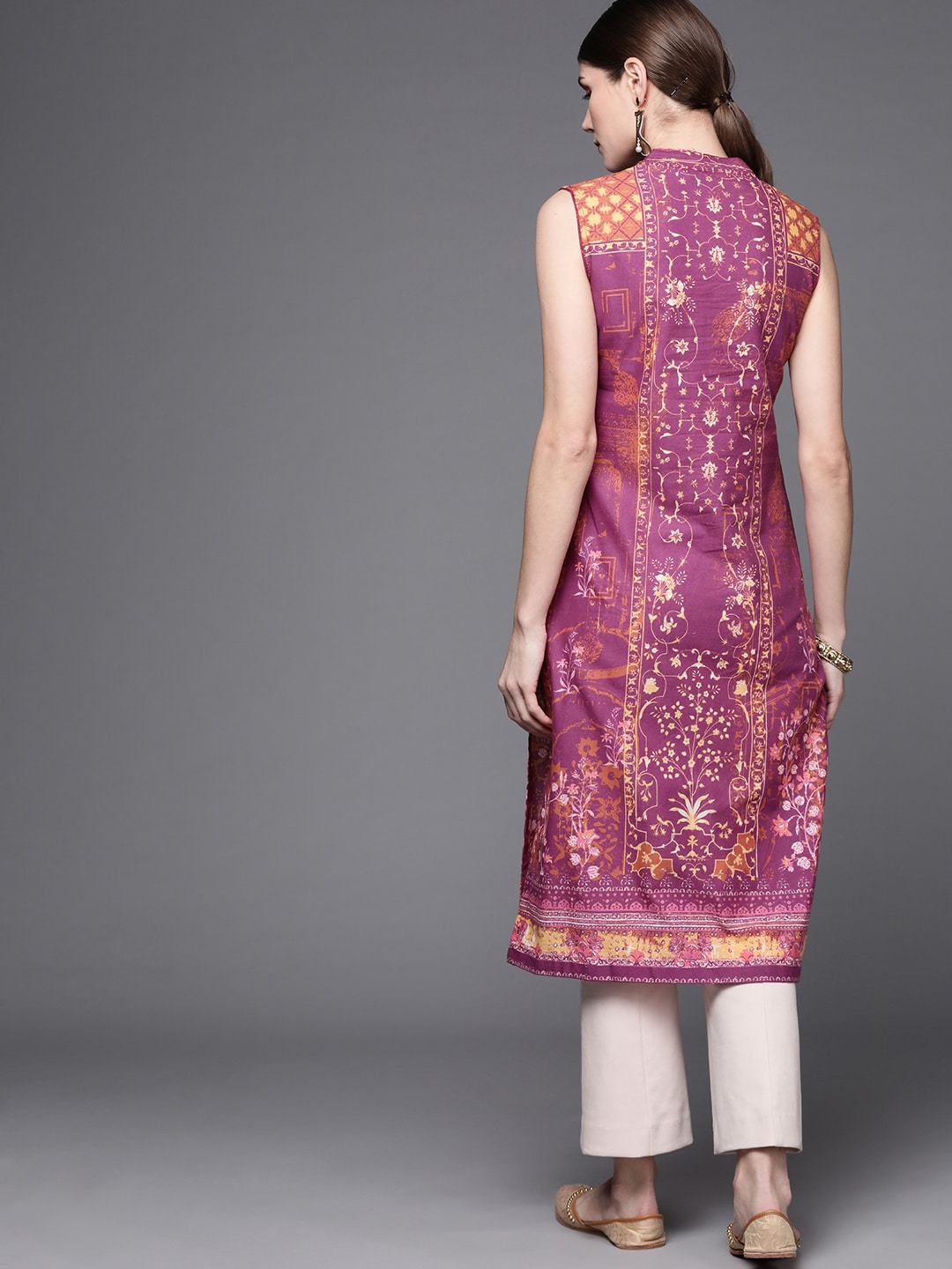 Biba Women Purple & Brown Pure Cotton Ethnic Motifs Printed V-Neck Sleeveless Kurta - Swadesiicart