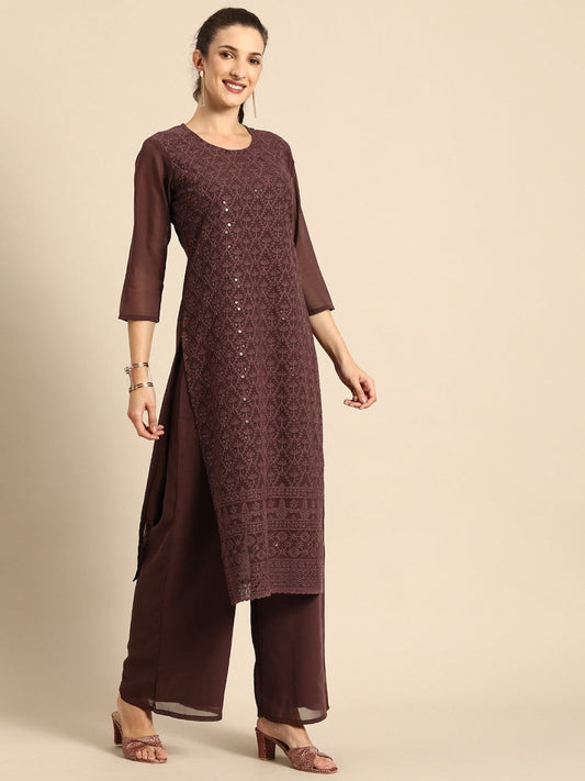 All About You Women Brown Ethnic Motifs Embroidered Regular Chikankari Kurta with Palazzos | Swadesiicart